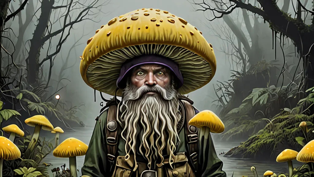 Crazy Dave, along with his plants, Sunflower, Puff-shroom, and Sea-shroom, prepared for the impending zombie attack. The fog made it difficult to see anything, adding to their unease.