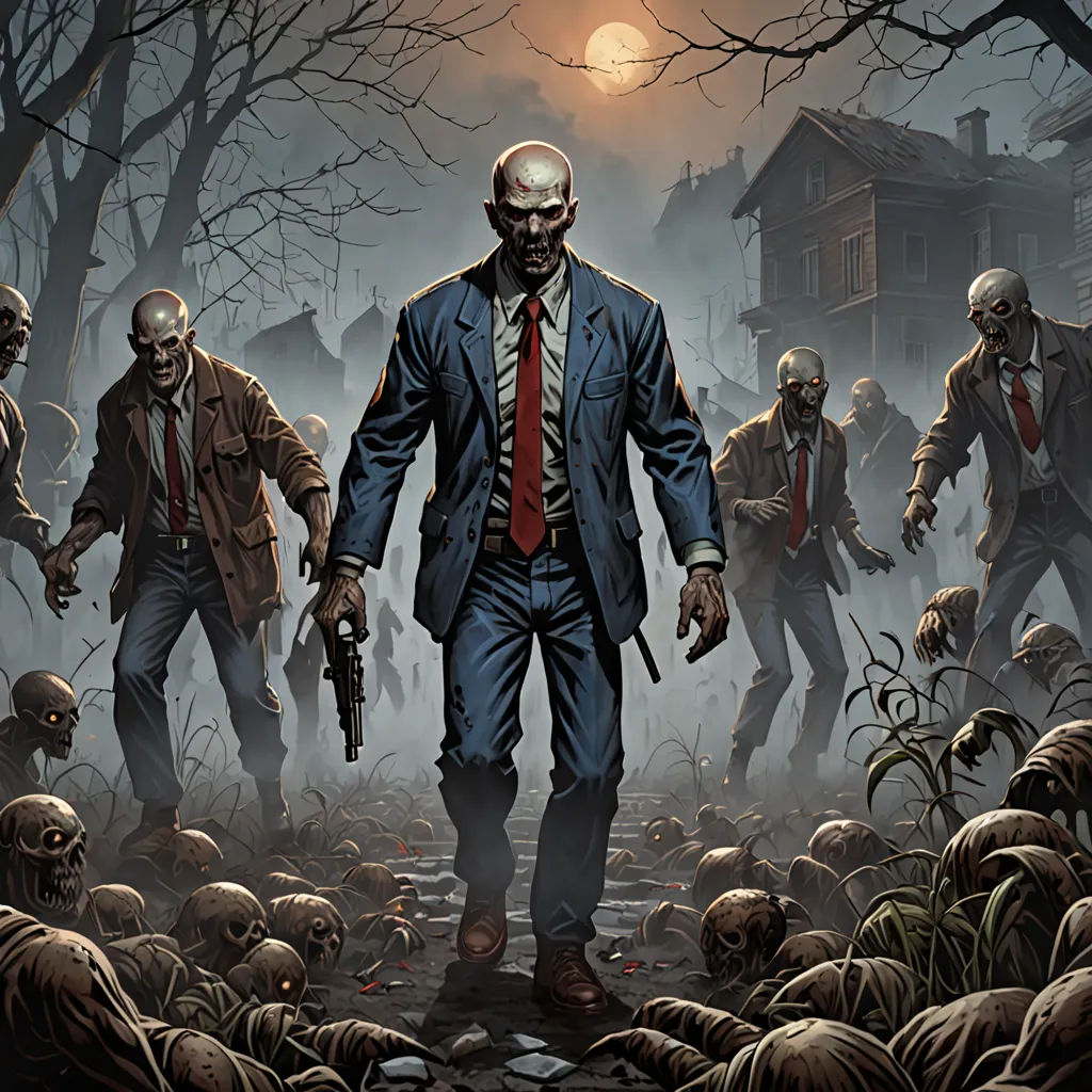 a group of zombies walking through a forest with a man in a suit and tie holding a gun in his hand, fantastic realism, concept art, Clark Voorhees, comic cover art