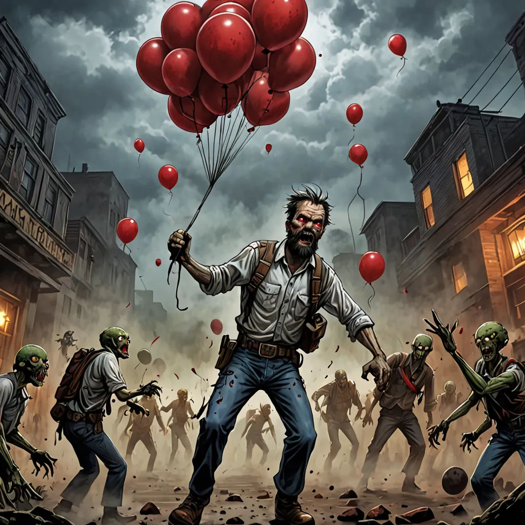 a zombie city scene with zombies and a man holding balloons in the air and a bunch of zombies running, sots art, concept art, Clark Voorhees, comic cover art