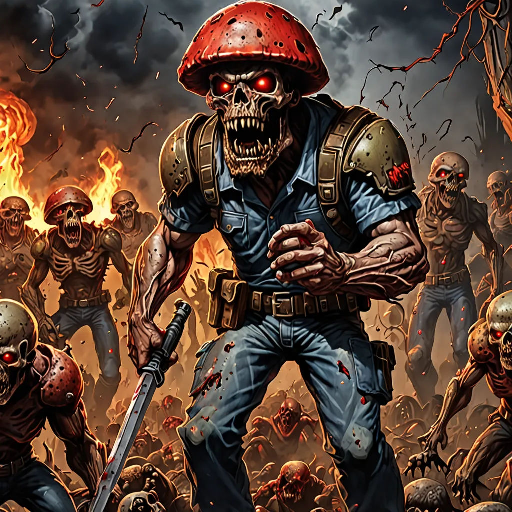 a painting of a zombie soldier surrounded by zombies and fireballs in a field of zombies with a helmet on, sots art, concept art, Eddie Mendoza, warhammer