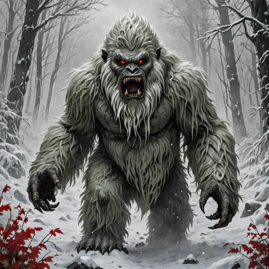 a big furry creature walking through a forest filled with red flowers and trees with red eyes and fangs on its face, fantasy art, a digital rendering, Ed Binkley, magic the gathering artwork