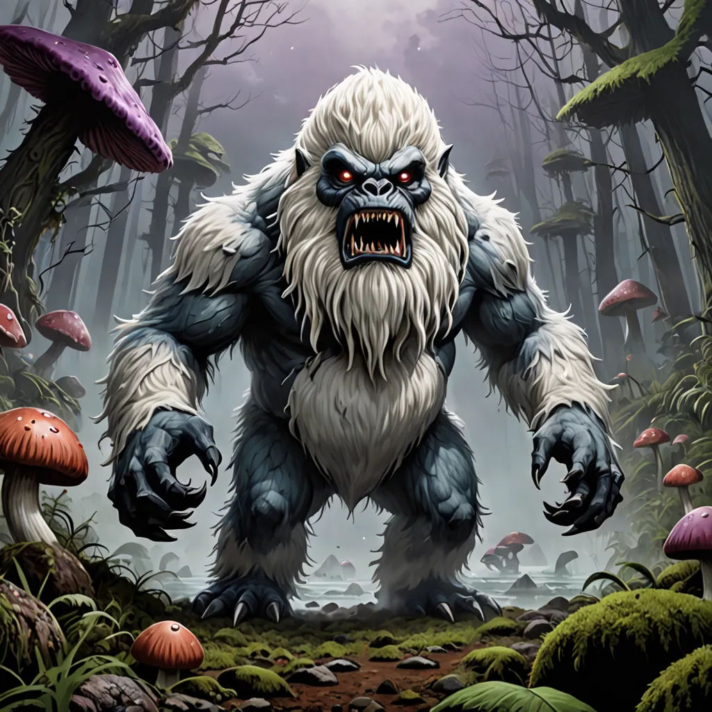 a big furry creature standing in a forest with mushrooms and mushrooms around it, with a creepy look on his face, altermodern, concept art, Ed Binkley, magic the gathering artwork