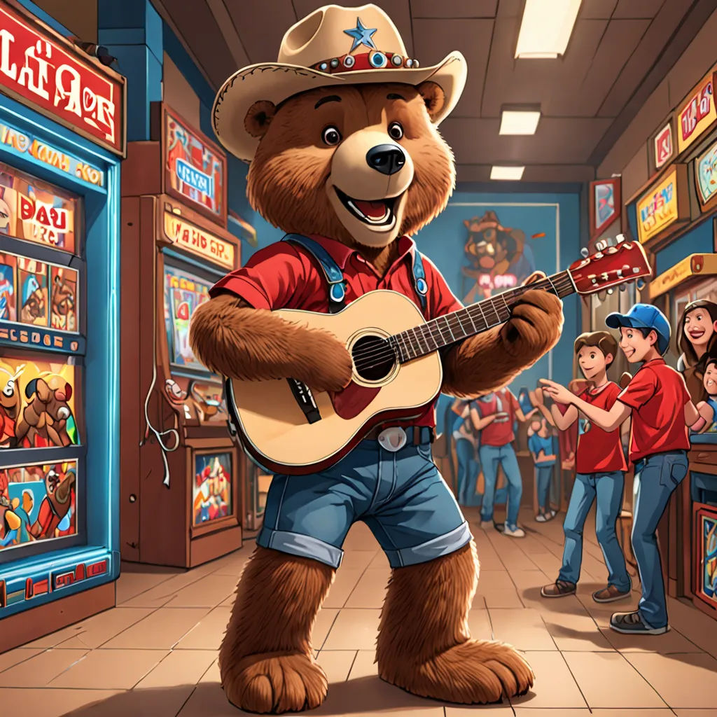 a cartoon bear playing a guitar in a store with a group of people watching him play the guitar in the background, furry art, concept art, Chris LaBrooy, official art