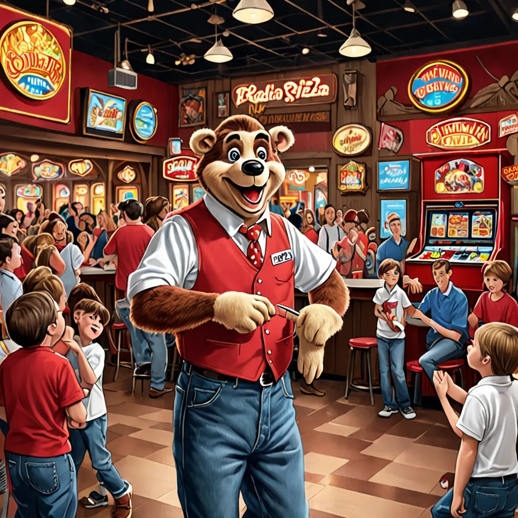a man in a red vest and tie standing in front of a restaurant with a bear mascot on his chest, furry art, a digital rendering, Chris LaBrooy, kinkade