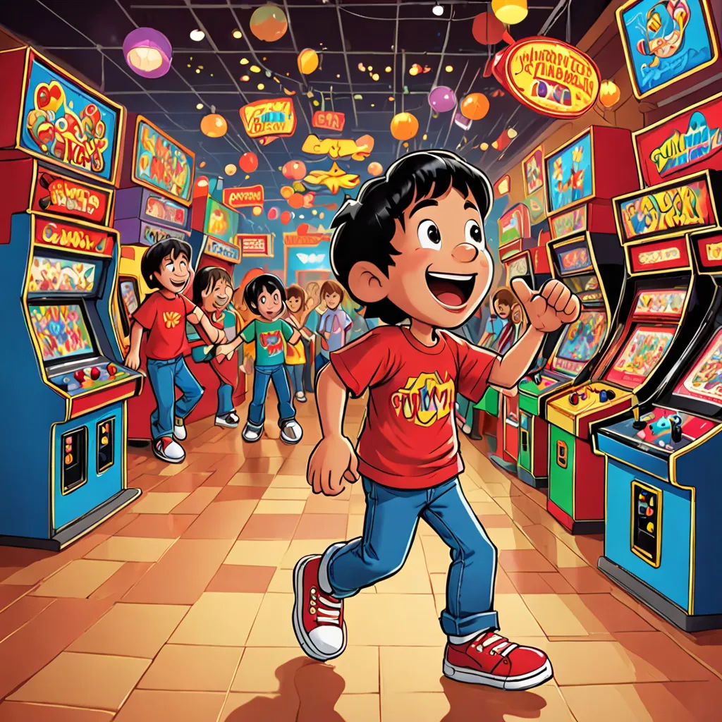 a young boy is playing a game in a store with other children in the background and a video game machine, lyco art, a storybook illustration, Chris LaBrooy, 2 d game art