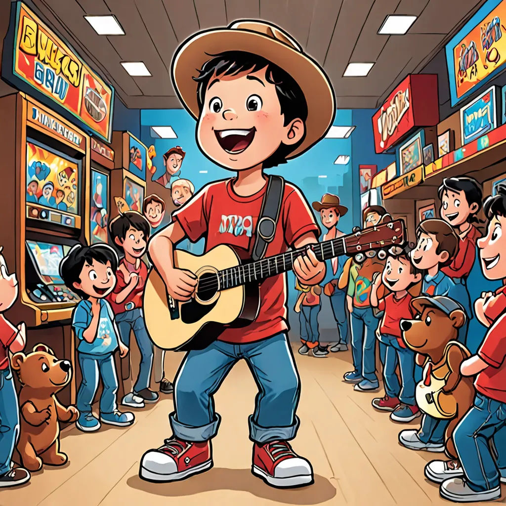 a boy playing a guitar in a store with a crowd of children watching him play the guitar in front of him, lyco art, a storybook illustration, Basuki Abdullah, comic cover art