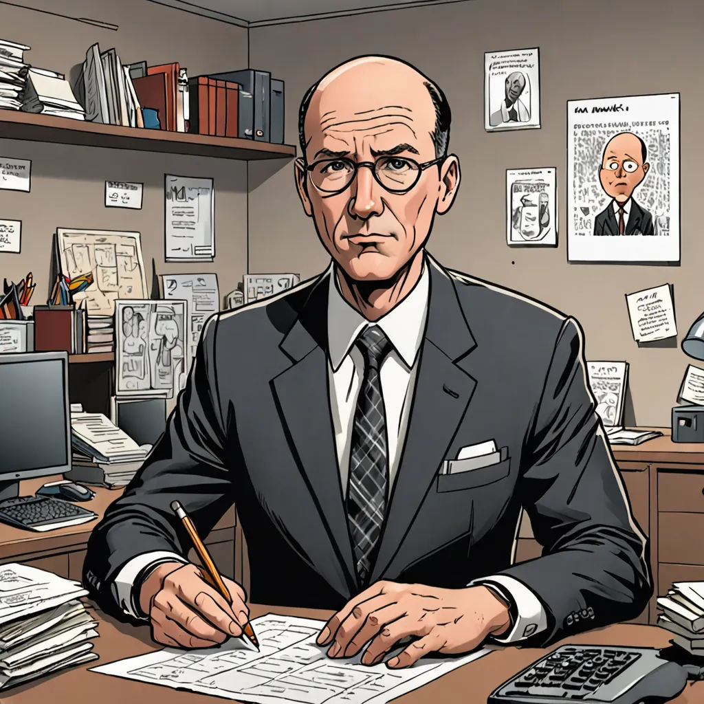 a man in a suit sitting at a desk with a pen and paper in his hand and a computer on the desk, academic art, a character portrait, Chris Ware, graphic novel