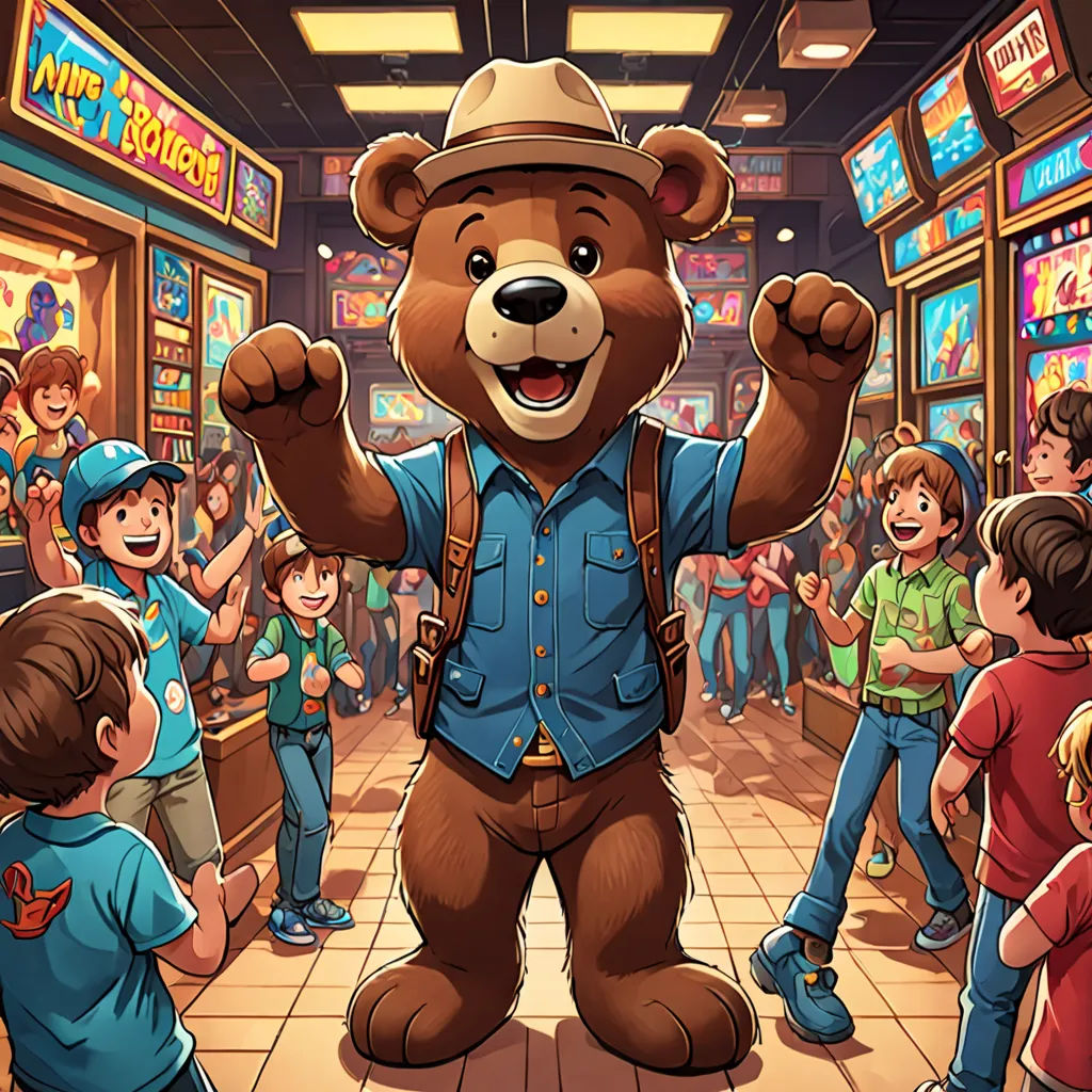a large brown bear standing in front of a crowd of people in a store filled with children's toys, furry art, a digital rendering, Chris LaBrooy, promotional image