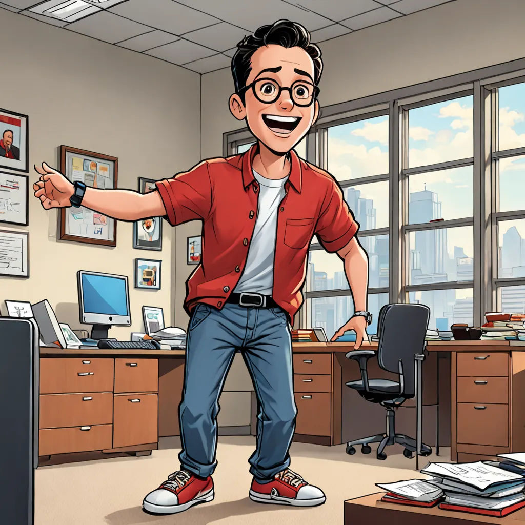 a cartoon man in an office pointing at something on the desk and smiling at the camera with his hand out, academic art, a comic book panel, Everett Warner, promotional image