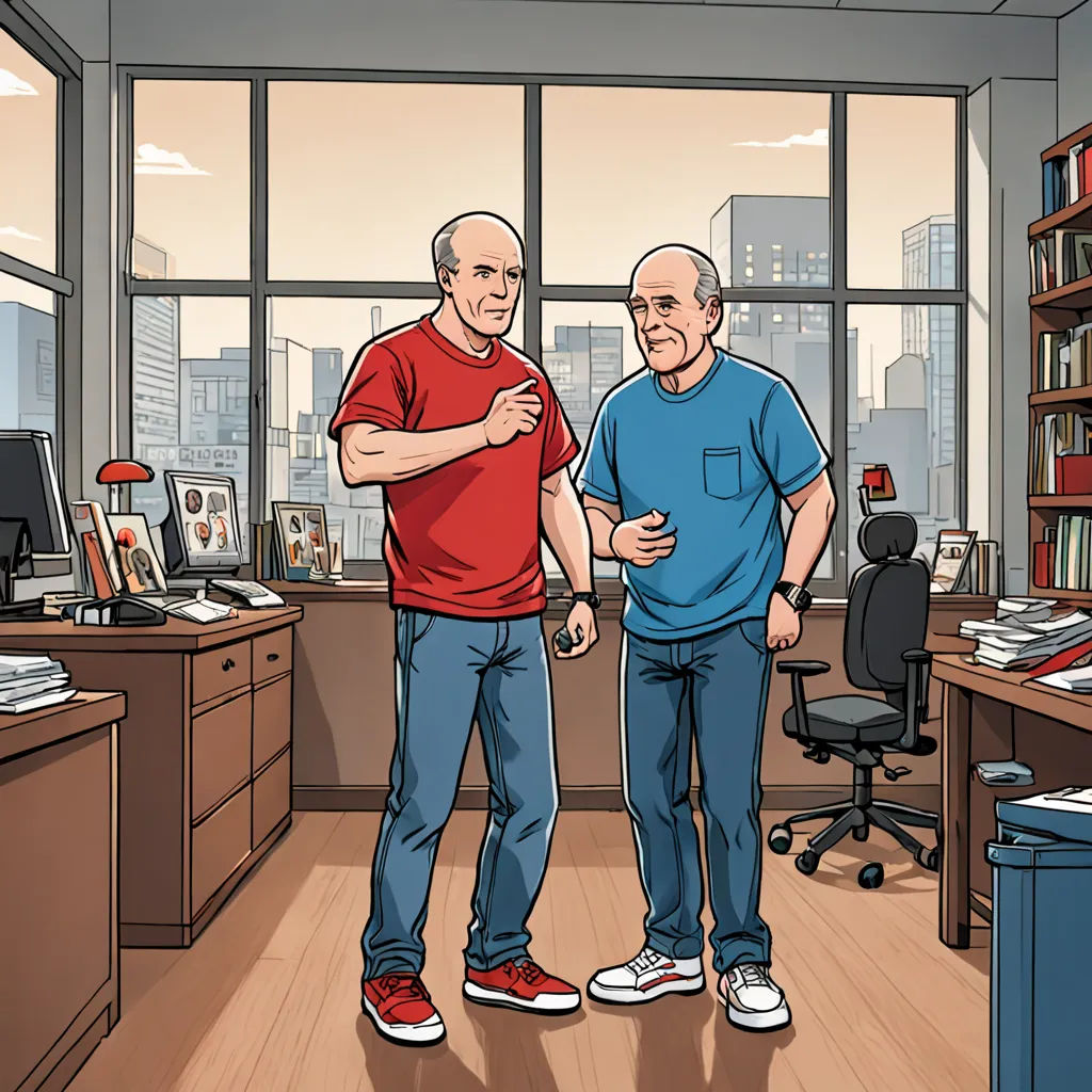 two men standing in an office talking to each other, with a city view out the window behind them, serial art, a storybook illustration, Chris Ware, graphic novel