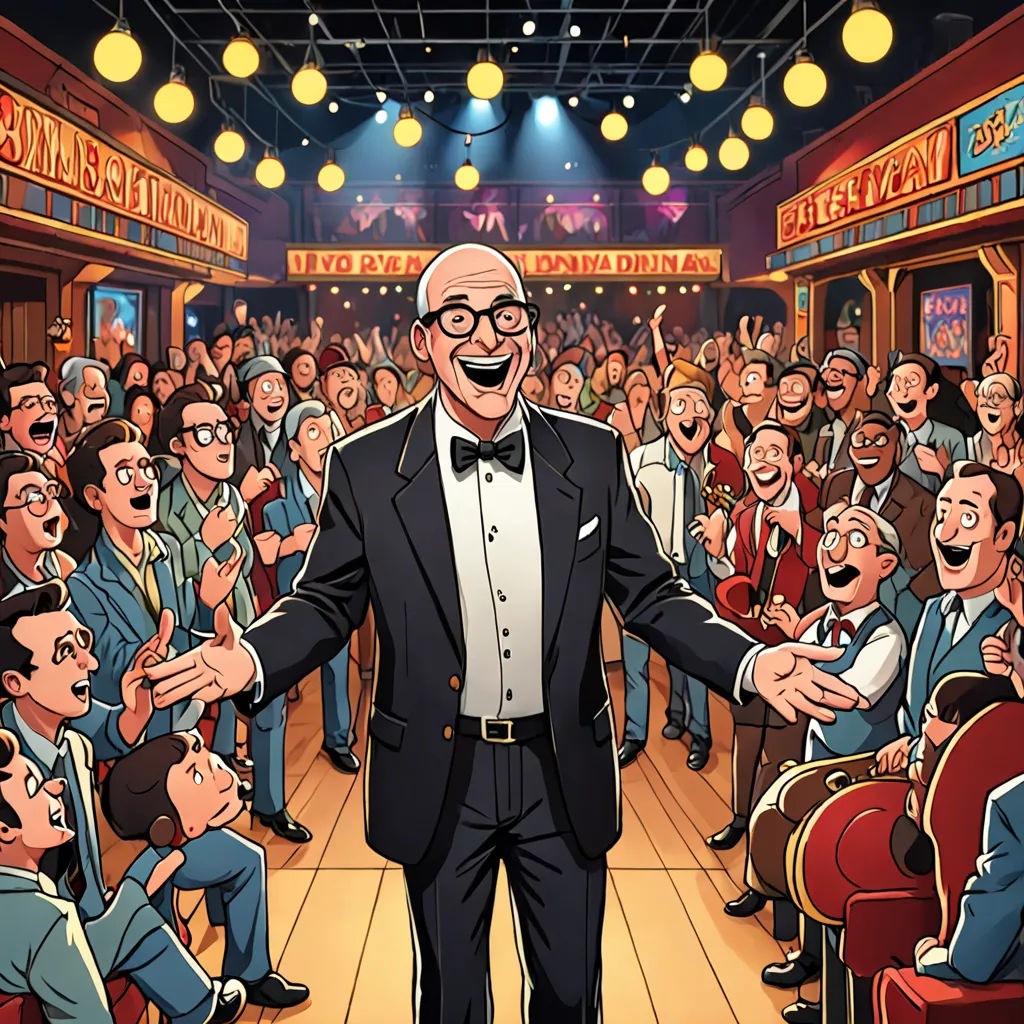 a man in a suit and bow tie standing in front of a crowd of people in a theater with a microphone, american scene painting, a comic book panel, Asaf Hanuka, promotional image