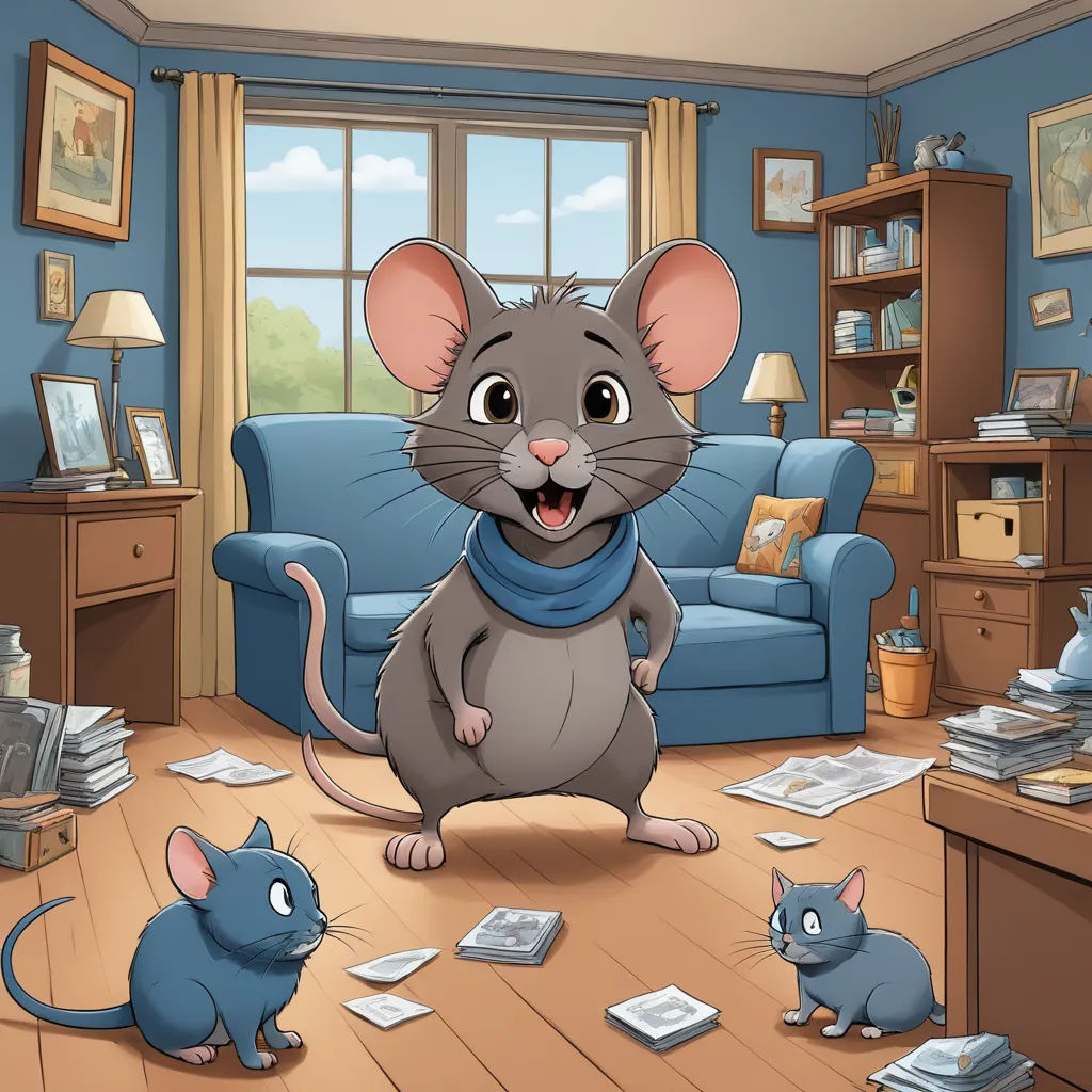 a mouse and two mice in a room with a blue couch and a blue chair with a blue blanket, sots art, a storybook illustration, Beatrix Potter, storybook illustration