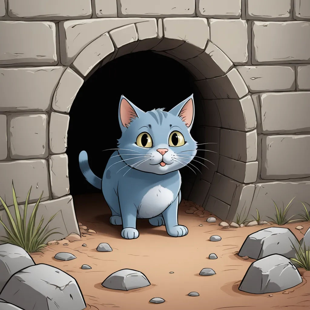 a cat standing in a tunnel with rocks and grass around it illustration of a cat standing in a tunnel with rocks and grass around it, sots art, a storybook illustration, Beatrix Potter, 2 d game art