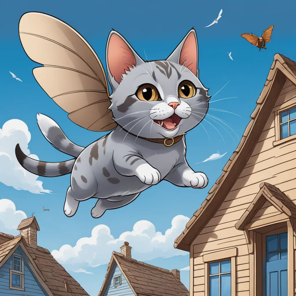 a cat flying over a house with a butterfly on its back and a house in the background with a butterfly on its back, sots art, a storybook illustration, Ada Gladys Killins, high detail illustration