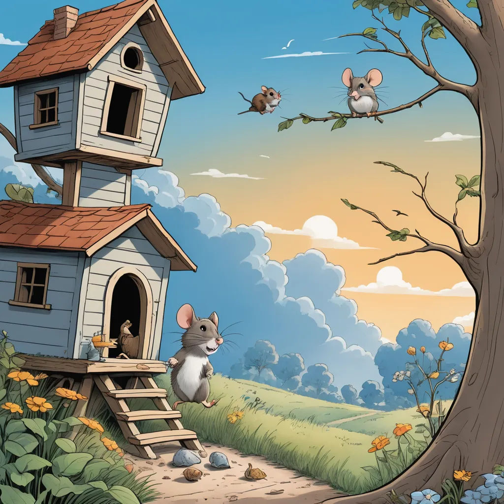 a mouse climbing up a tree house in a field with other mice flying around it and a ladder leading up to the roof, fantasy art, a storybook illustration, Chris LaBrooy, storybook illustration