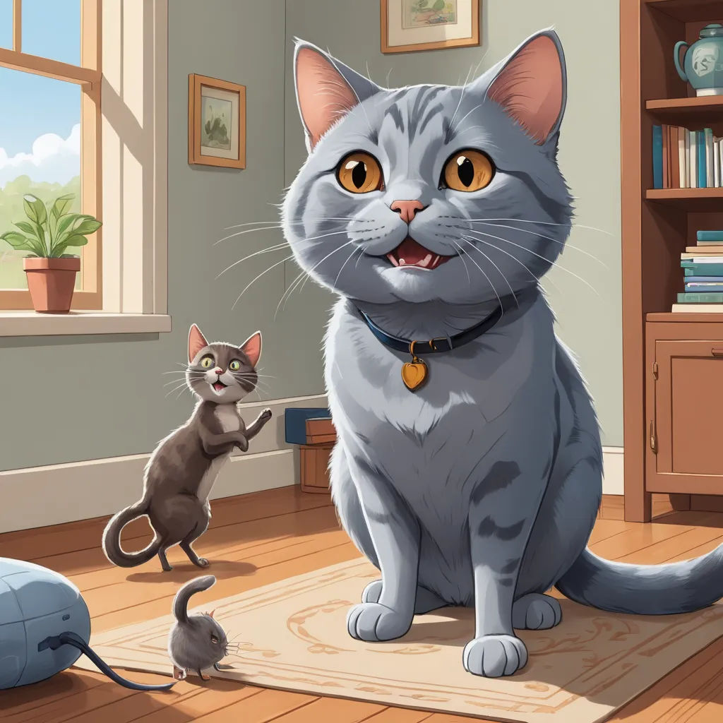 a cat and a mouse in a room with a window and a rug on the floor and a bookcase, sots art, a storybook illustration, Felix Octavius Carr Darley, storybook illustration