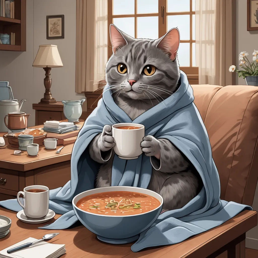 a cat wrapped in a blanket holding a cup of coffee and a bowl of soup on a table with a lamp, sots art, a stock photo, Bourgeois, trending on art station