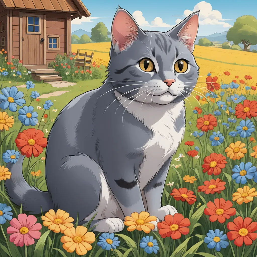 a cat sitting in a field of flowers near a house and a birdhouse in the background with a sky background, sots art, a storybook illustration, David Brewster, game art