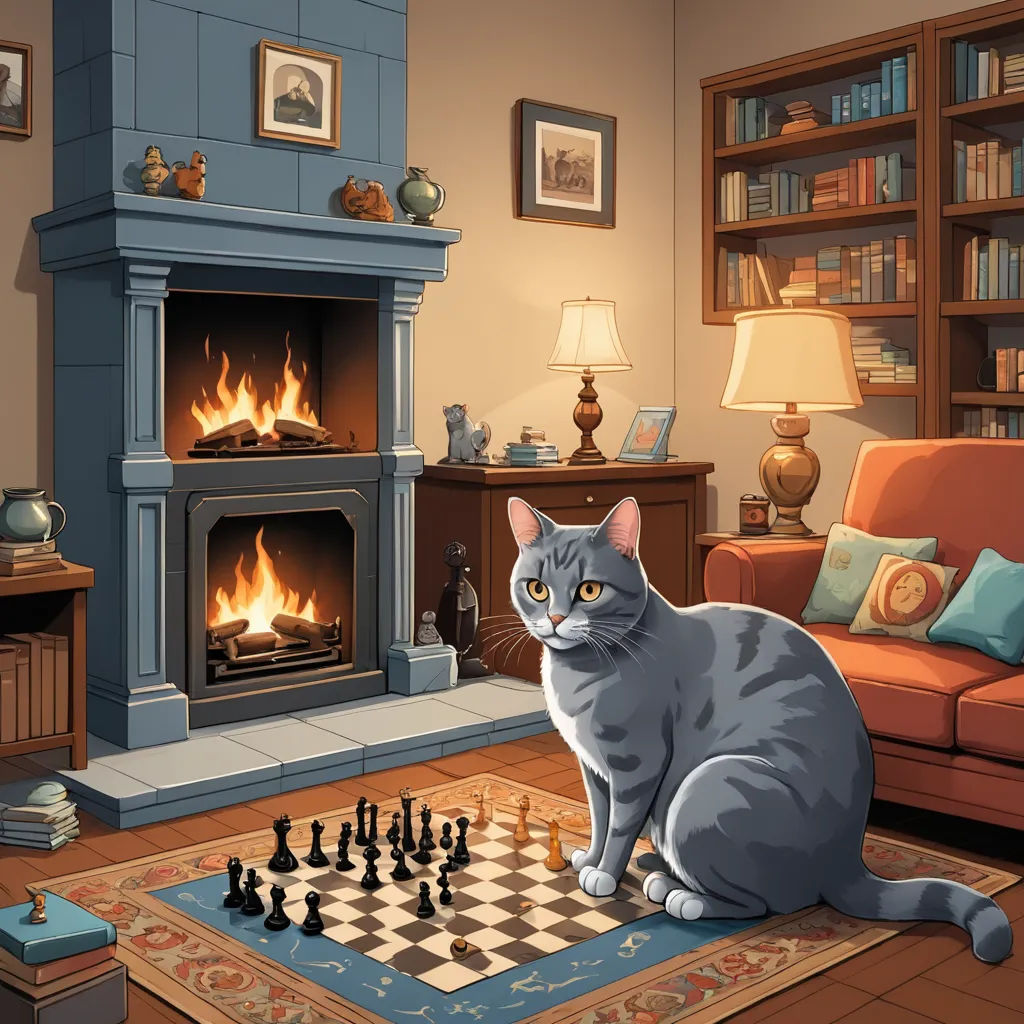a cat sitting on a rug in front of a fireplace with a chess board on the floor next to it, sots art, a storybook illustration, Colin Middleton, storybook illustration