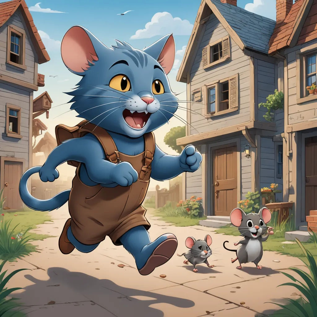 a cartoon mouse running in front of a house with a mouse nearby in a cartoon style, with a house in the background, sots art, a storybook illustration, Diego Gisbert Llorens, 2 d game art