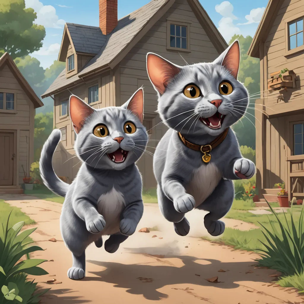 a couple of cats that are standing in the dirt near a house and grass area with a dog on the ground, sots art, a storybook illustration, Chris LaBrooy, key art