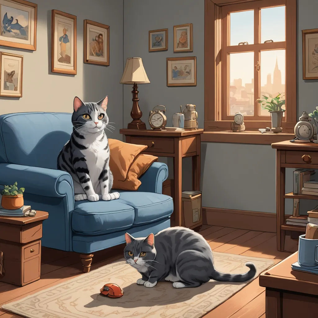 a cat sitting on a blue couch next to another cat on a rug in a living room with a lamp and a table, sots art, a storybook illustration, Brothers Hildebrandt, official art