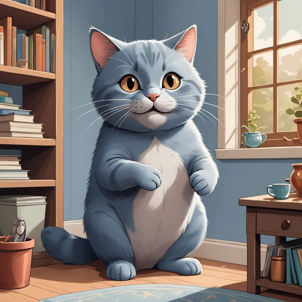 a blue cat sitting on the floor in a room with a bookcase and a window behind it, with a potted plant in the corner, sots art, a storybook illustration, Chris LaBrooy, game art