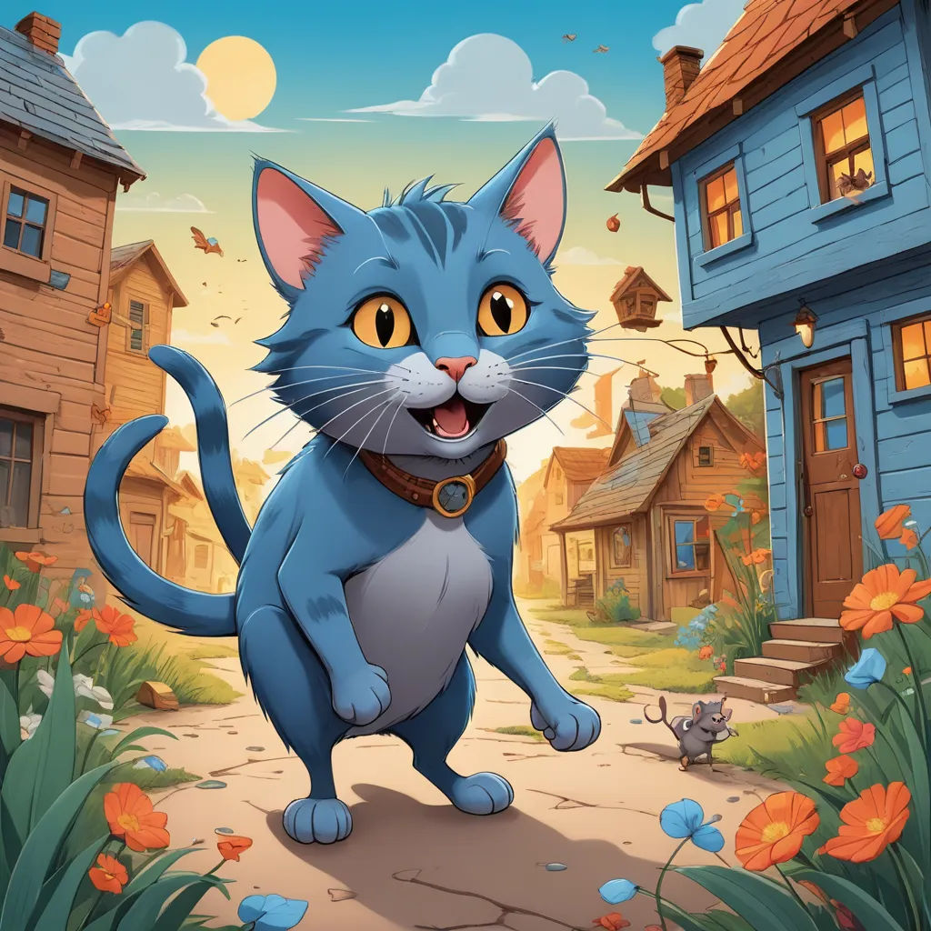 a blue cat is standing in a flowery area with a house in the background and a cat on the ground, sots art, a storybook illustration, Chris LaBrooy, game art