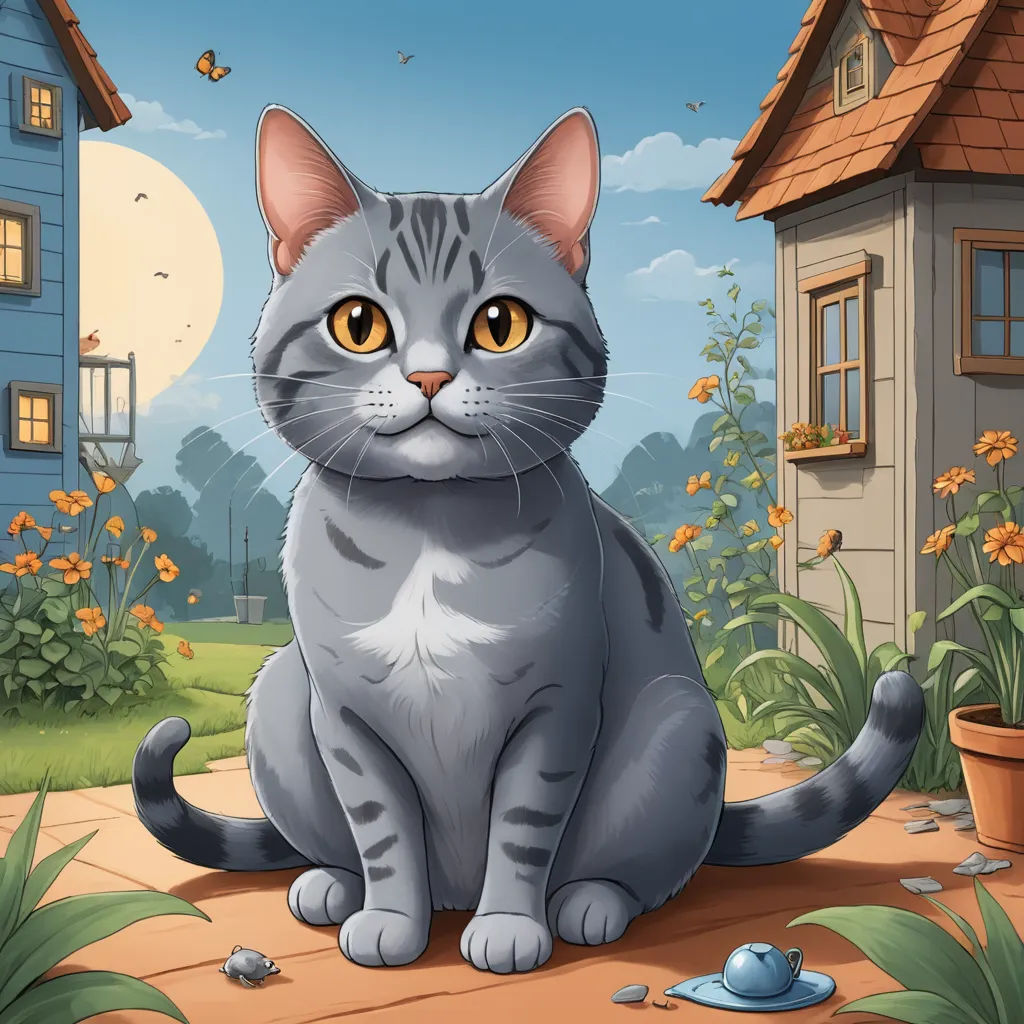 a cat sitting on a wooden floor in front of a house with a mouse in the yard and a house with a full moon in the background, sots art, a storybook illustration, Brenda Chamberlain, storybook illustration