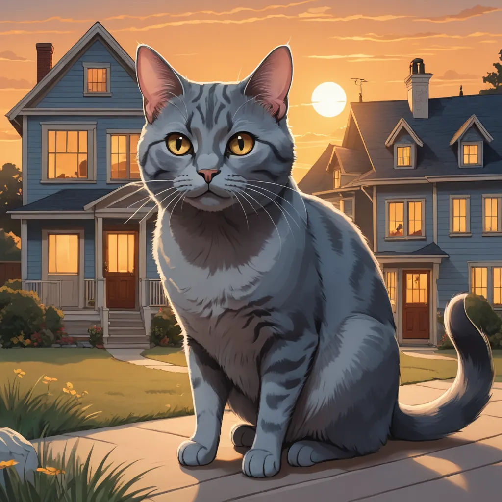a cat sitting on a sidewalk in front of a house at sunset with the sun setting behind it and a house in the background, american scene painting, a storybook illustration, Chris LaBrooy, game art