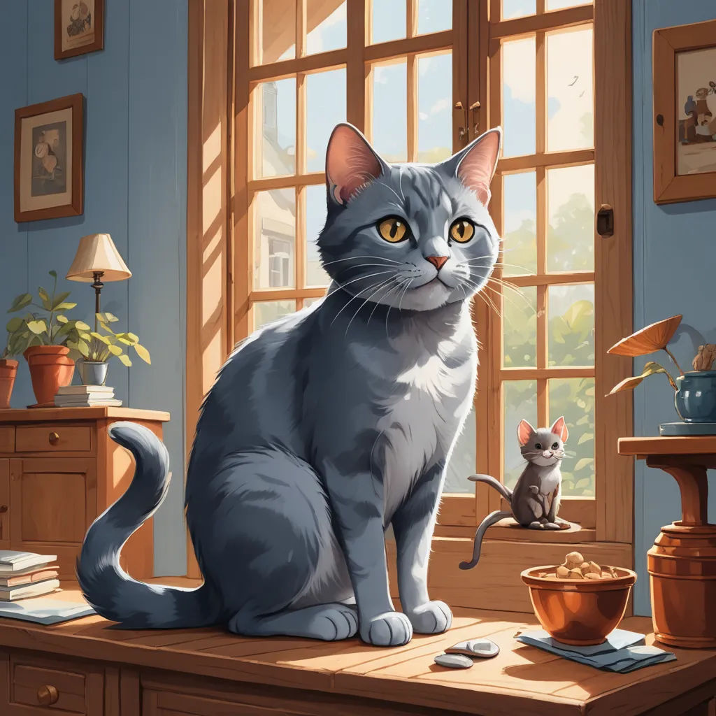a cat sitting on a table next to a window and a cat looking out the window at a cat, sots art, a storybook illustration, Chris LaBrooy, trending on art station