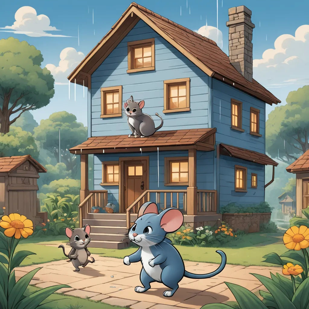 a cartoon mouse and a cat playing outside a house in the rain with a cat on the roof and a dog on the ground, sots art, a storybook illustration, Chris LaBrooy, 2 d game art