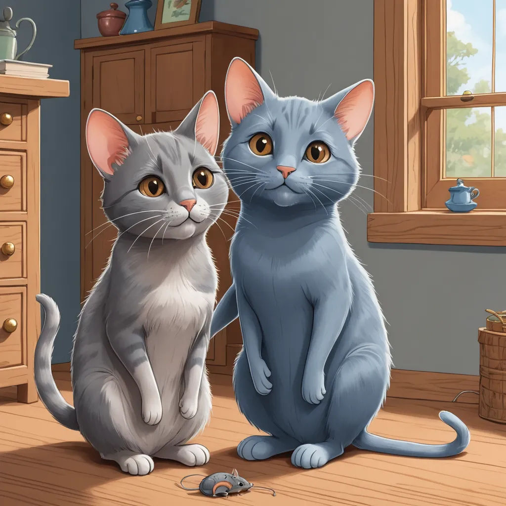 a couple of cats sitting on top of a wooden floor next to a window and a dresser with a mouse, sots art, a storybook illustration, Brothers Hildebrandt, storybook illustration