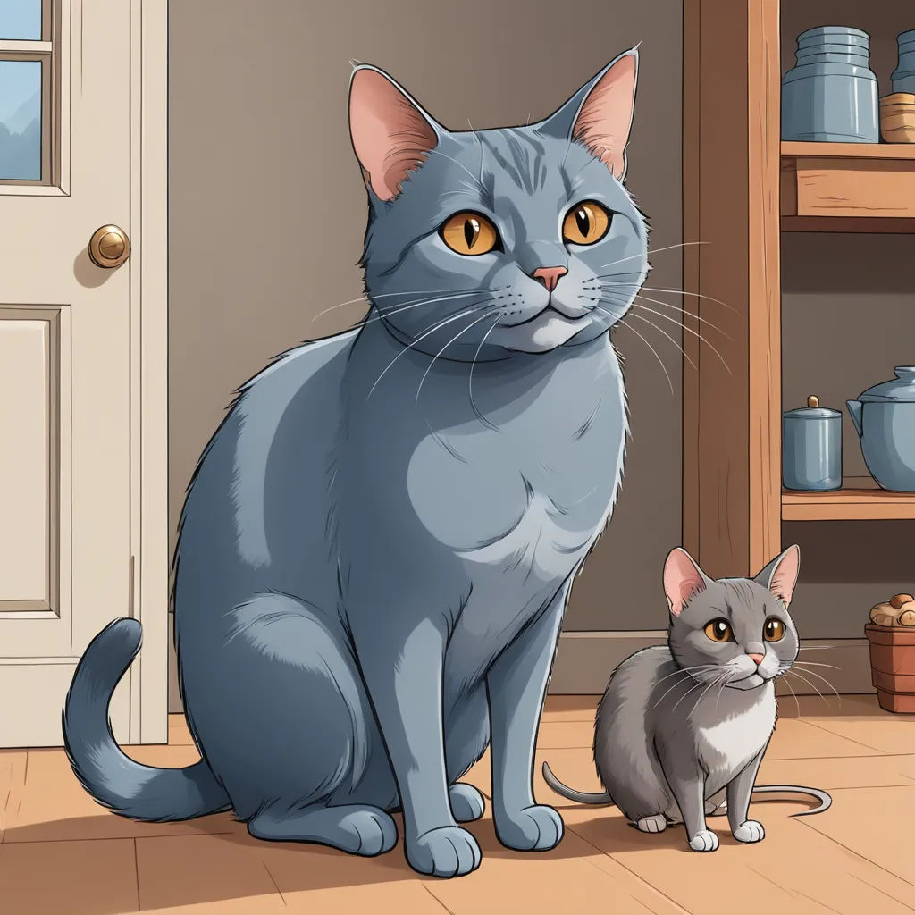 a cat and a kitten sitting in front of a door with shelves and pots on the wall behind them, sots art, a storybook illustration, Ada Gladys Killins, storybook illustration