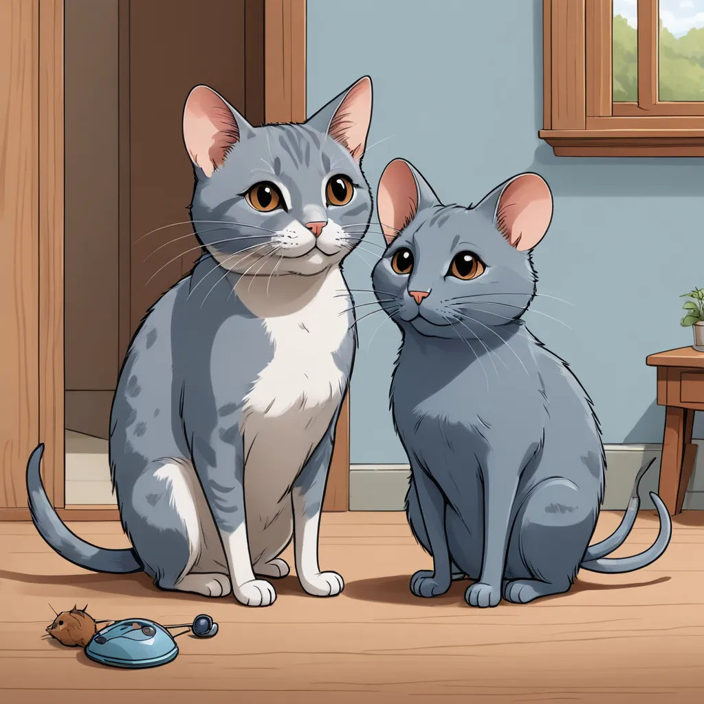 a couple of cats sitting next to each other on a floor near a mouse and a window with a blue wall, sots art, a storybook illustration, Ada Gladys Killins, official art