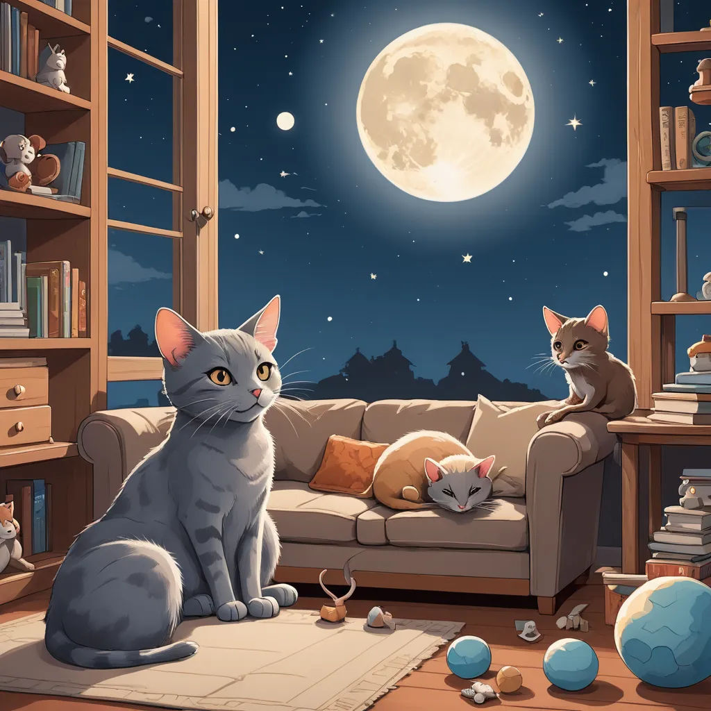 a cat sitting on a couch in a living room with a full moon in the background and a cat laying on the couch, sots art, a storybook illustration, Dan Mumford, trending on art station