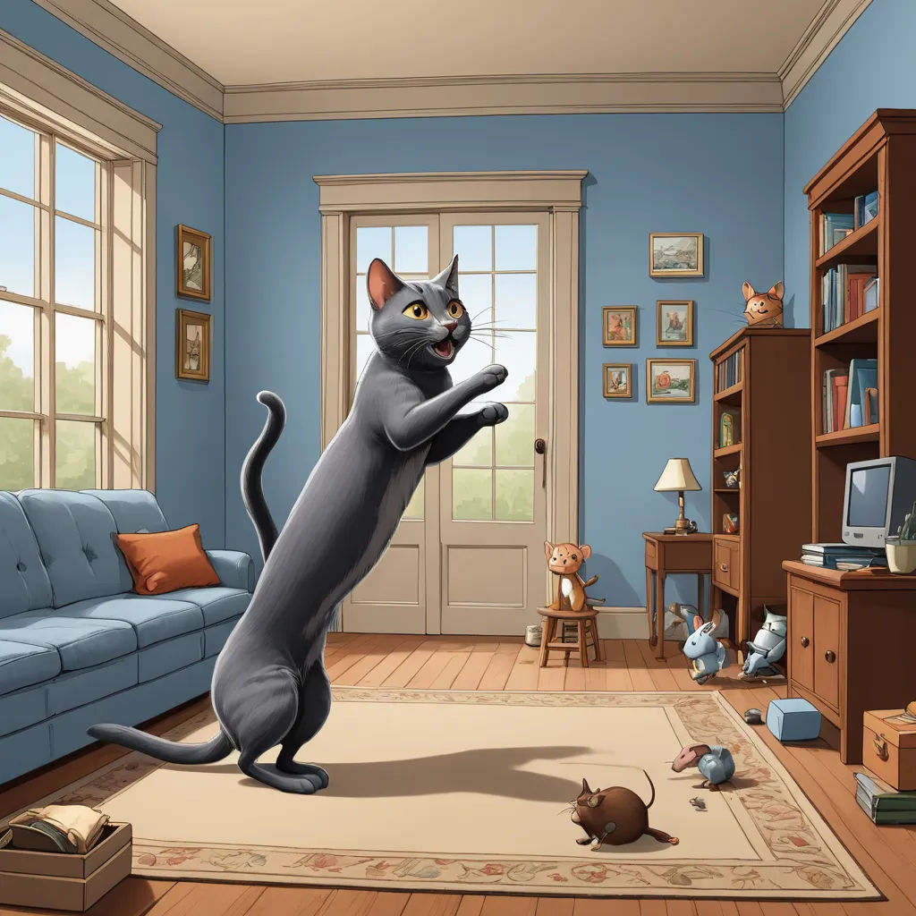 a cat is jumping up in the air in a living room with a blue couch and a cat toy, furry art, a storybook illustration, Chris LaBrooy, storybook illustration