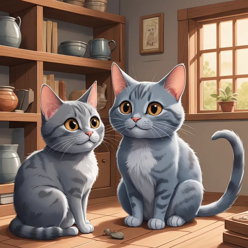 a couple of cats sitting on top of a wooden floor next to a window and a shelf with pots, sots art, a storybook illustration, Beatrix Potter, trending on art station