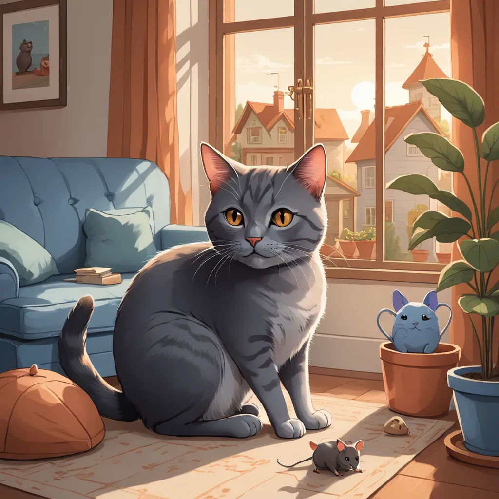 a cat sitting on a rug in a living room next to a window and a mouse on the floor, sots art, a storybook illustration, Chris LaBrooy, official art