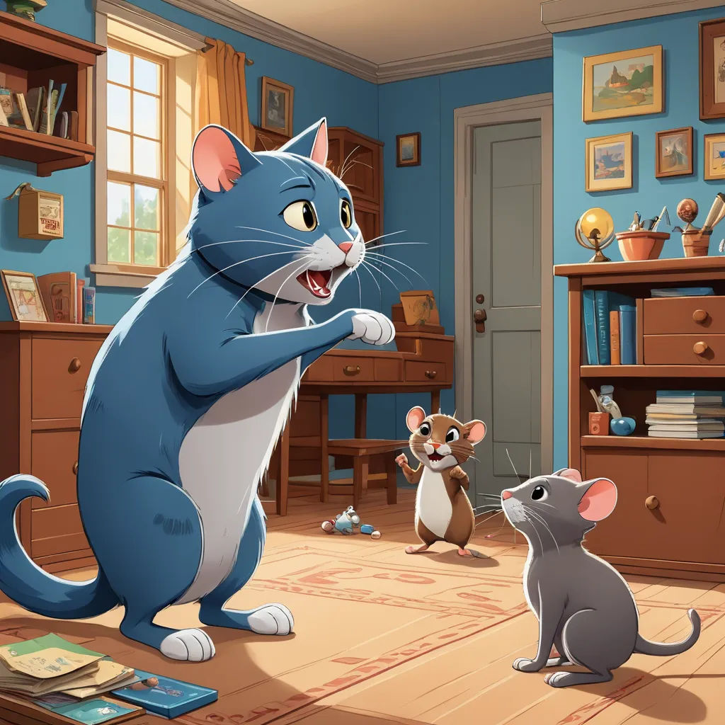 a cartoon cat and a mouse in a room with a bookcase and a desk with a bookcase, sots art, a storybook illustration, Chris LaBrooy, official art