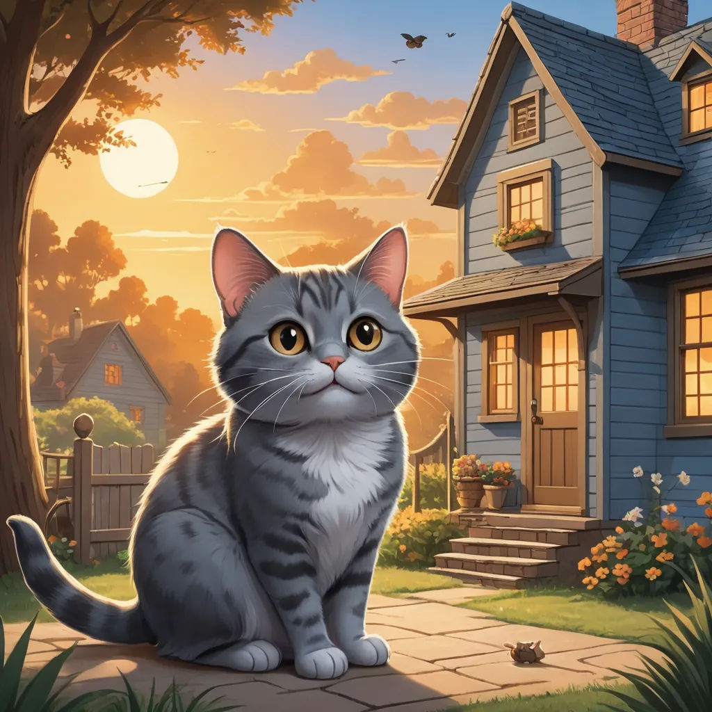 a cat sitting on a brick walkway in front of a house with a sunset in the background and a bird flying over the house, american scene painting, a storybook illustration, Chris LaBrooy, key art