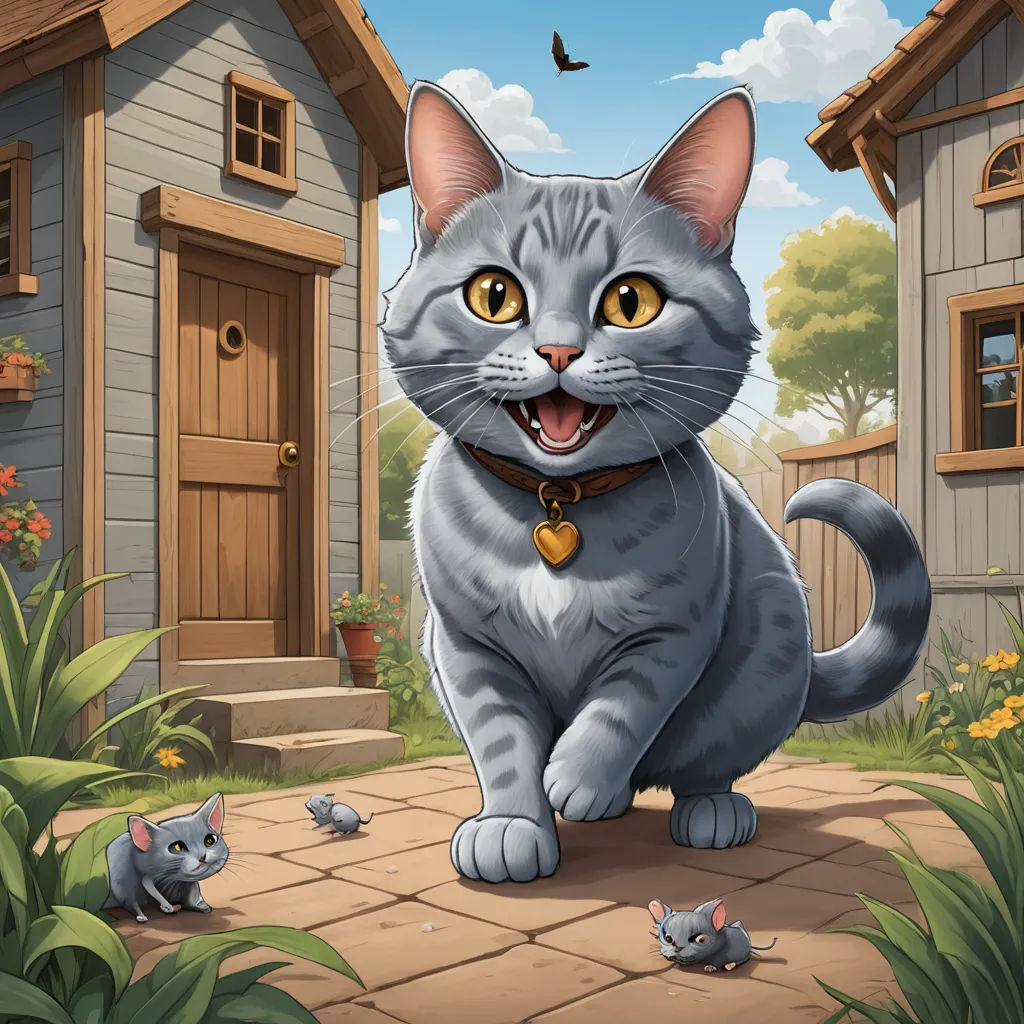 a cat is sitting on the ground in front of a house with a mouse and a bird on it, sots art, a storybook illustration, Chris LaBrooy, storybook illustration