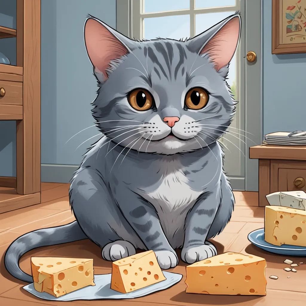 a cat sitting on a table with cheese on it and a plate of cheese on the floor next to it, sots art, a character portrait, Brenda Chamberlain, game art