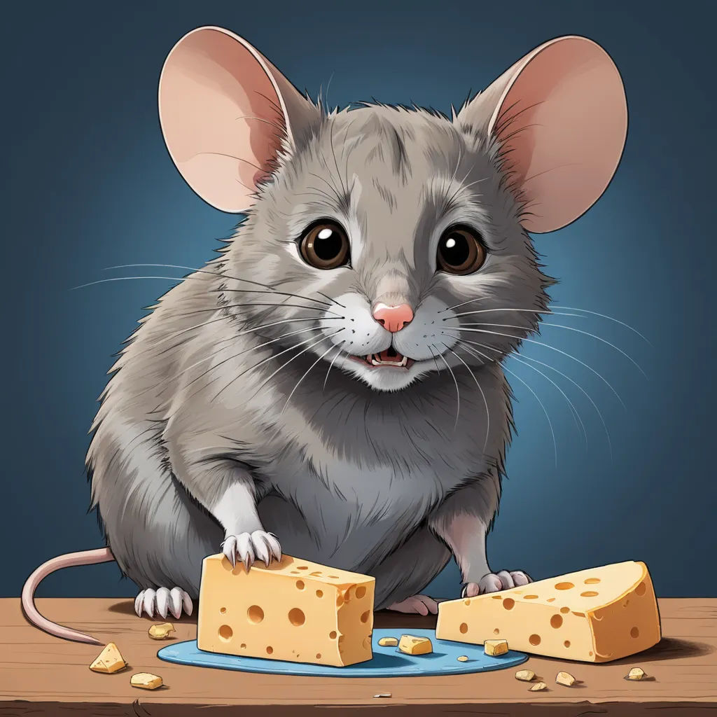 a mouse with a piece of cheese on a table next to it's head and a piece of cheese on the ground, furry art, a character portrait, Art Spiegelman, furaffinity