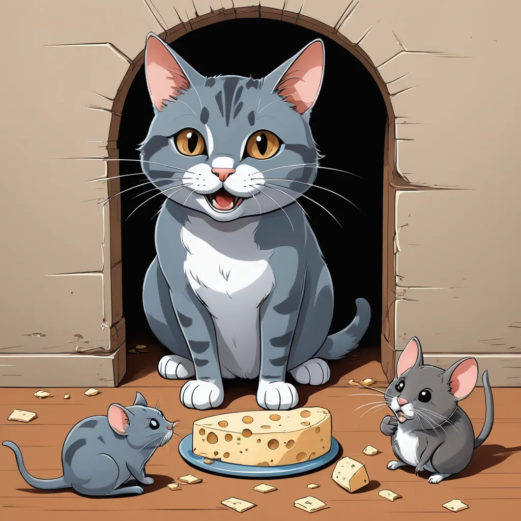 a cat and two mice eating cheese out of a hole in the wall illustration of a cat and two mice eating cheese out of a hole in the wall, sots art, a storybook illustration, Brenda Chamberlain, game art