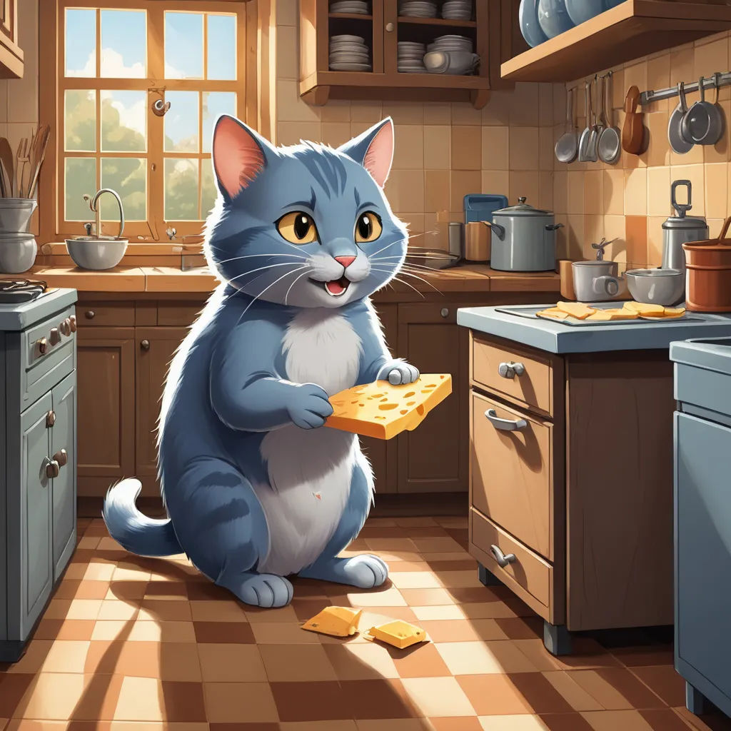 a cat is sitting on the kitchen floor eating a piece of bread and looking at the camera with a smile, sots art, a storybook illustration, Chris LaBrooy, game art