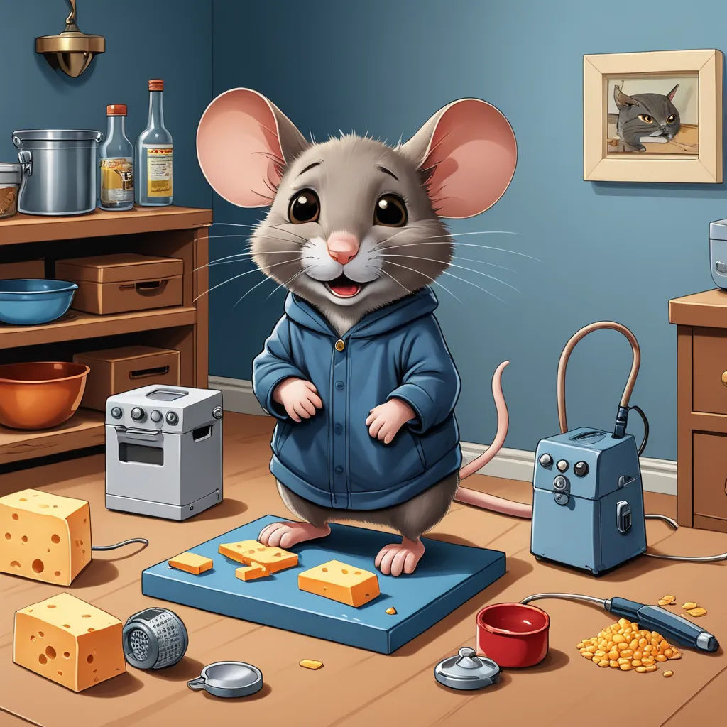 a mouse standing on a blue board surrounded by cheese and other items in a kitchen area with a blue wall, computer art, computer graphics, Chris LaBrooy, professional digital painting