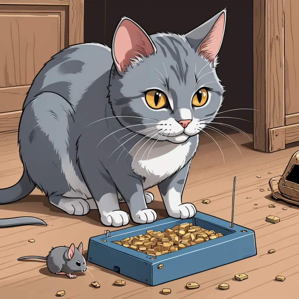 a cat is looking at a mouse in a box of food on the floor next to a mouse trap, sots art, a storybook illustration, Alice Prin, official art