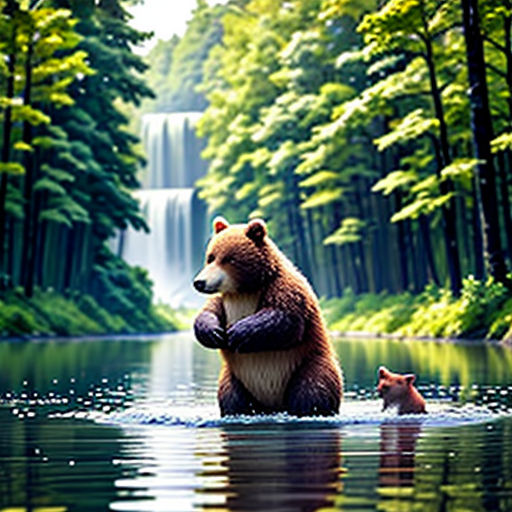 a bear and a baby bear are in the water near a waterfall and trees, with a waterfall in the background
