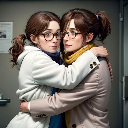 two women hugging each other in a room with a door in the background and a sign on the wall
